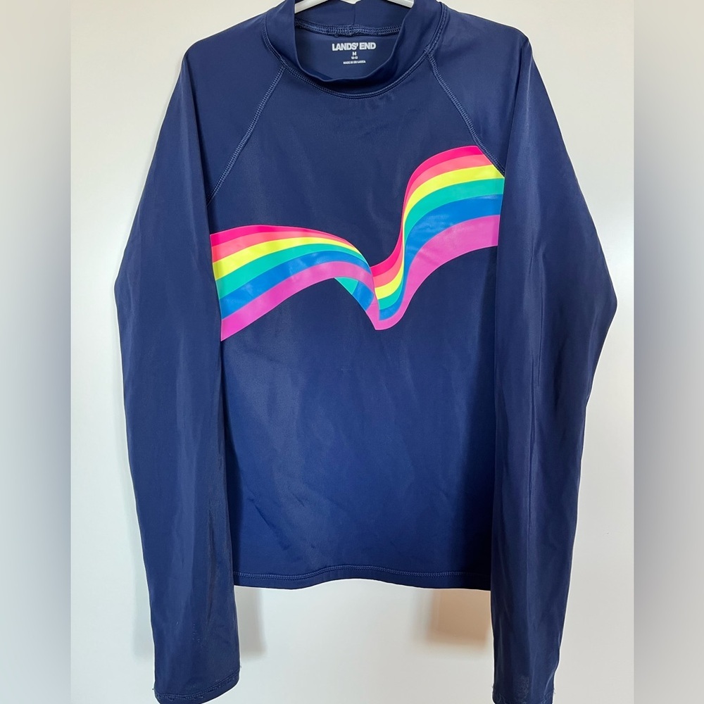 Lands End Swim Top Rash Guard Sun Protection Navy Rainbow Girls 10/12